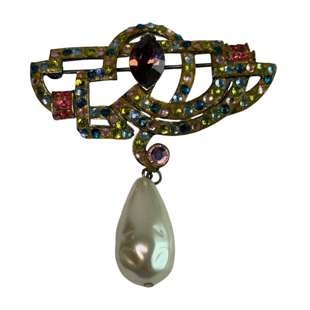 Vintage Thelma Deutsch Art Deco Revival Rhinestone Faux Pearl Dangle Brooch
